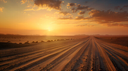 iron roads in the middle of the desert going off into the distance at sunset