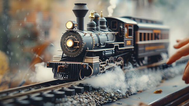 Epic toy of an old train with steam effects coming out of it and kids hands switching the track arrow