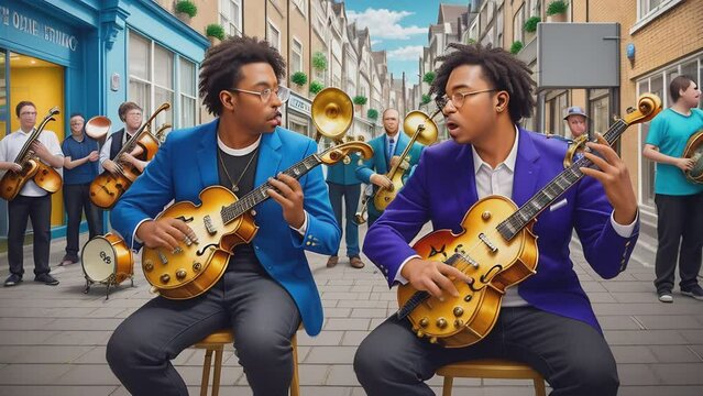 Black skinned musicians playing instruments in a lively street performance