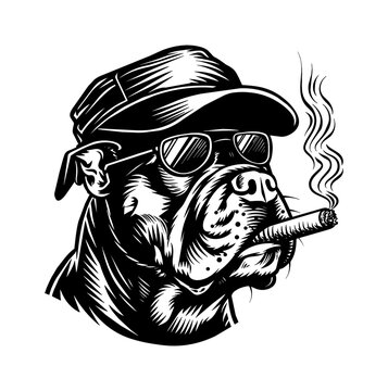 recommend clip art: pitbull, wears retro hat and smoking cigar engraving black and white outline