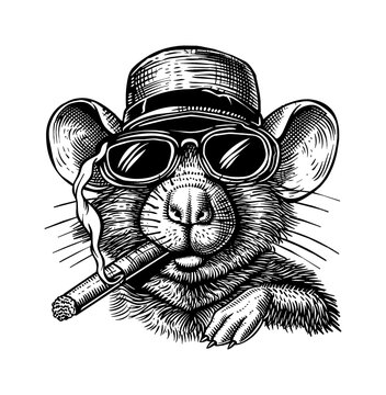 recommend clip art: mouse, wears retro hat and smoking cigar engraving black and white outline