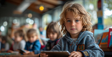 Young students engaged with tablets in a colorful classroom