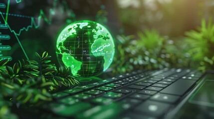 3D rendering, green planet earth hologram on laptop keyboard with data charts and plants background