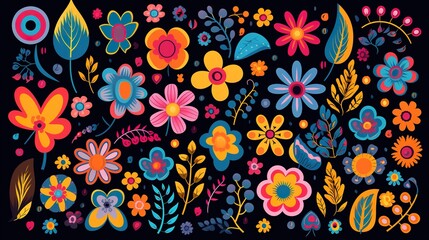 Hippie flowers set. Hippy style blossoms, retro vintage hand drawn decorative elements,