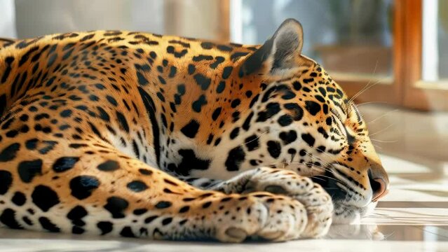 Jaguar is sleeping on white tile floor