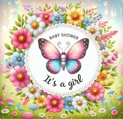 Colorful baby shower greeting card with floral background and 'It's a Girl' message featuring a pink and purple butterfly.
