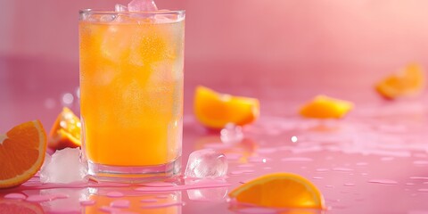 Orange cocktail with ice cubes on a pink background. Refreshment and summer vacation concept. Closeup view for poster, advertisement, banner with space for text, and packaging.