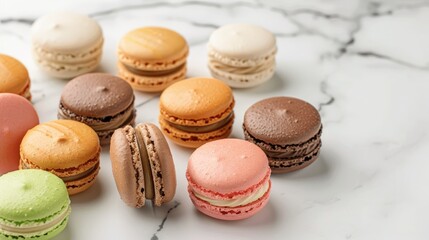 Assorted colored French macarons on a white marble surface flat lay product photography dessert snack sweets