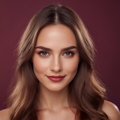 Naklejka premium Pretty european beauty woman long hair with makeup glowing face and healthy facial skin portrait smile on isolated burgundy background
