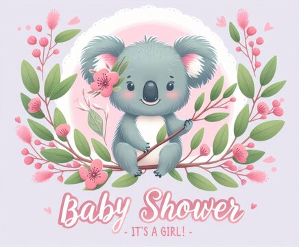 Cute koala with floral wreath for baby shower celebration. 'It's a Girl!' message in elegant script. - Powered by Adobe