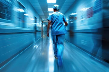 A medical professional in blue scrubs hurries through a hospital corridor, reflecting dedication and urgency in patient care.
