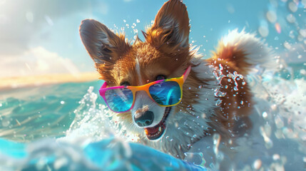 A dog's perspective surfing view capturing the splashes and a vivid sky, giving an immersive summer experience