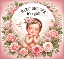 Fototapeta premium Adorable baby girl with pink flowers and 'Baby Shower - It's a girl!' text, perfect for new arrival.