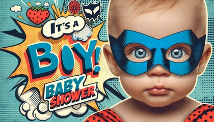Retro comic-style baby shower invitation featuring an adorable baby boy dressed as a superhero.