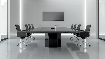 A modern company boardroom equipped with a stylish central black table and comfortable chairs facing a wall-mounted screen
