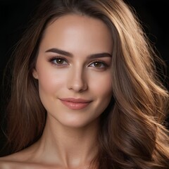 Obraz premium Pretty european beauty woman long hair with makeup glowing face and healthy facial skin portrait smile on isolated dark background