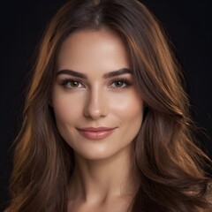 Fototapeta premium Pretty european beauty woman long hair with makeup glowing face and healthy facial skin portrait smile on isolated dark background