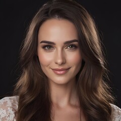 Fototapeta premium Pretty european beauty woman long hair with makeup glowing face and healthy facial skin portrait smile on isolated dark background