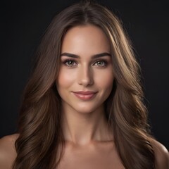 Fototapeta premium Pretty european beauty woman long hair with makeup glowing face and healthy facial skin portrait smile on isolated dark background