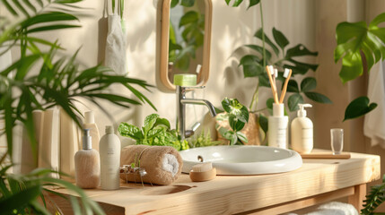 stylish bright bathroom, eco-friendly household goods, bamboo toothbrush, sink, shampoo bottles, cosmetics, green plants, beige, warm light, interior, apartment, mirror, white