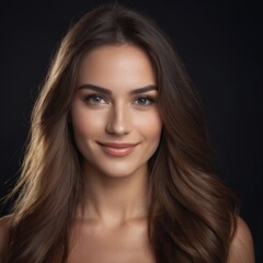 Fototapeta premium Pretty european beauty woman long hair with makeup glowing face and healthy facial skin portrait smile on isolated dark background
