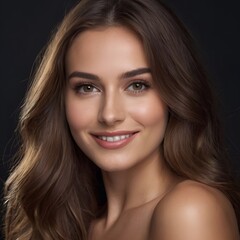 Obraz premium Pretty european beauty woman long hair with makeup glowing face and healthy facial skin portrait smile on isolated dark background