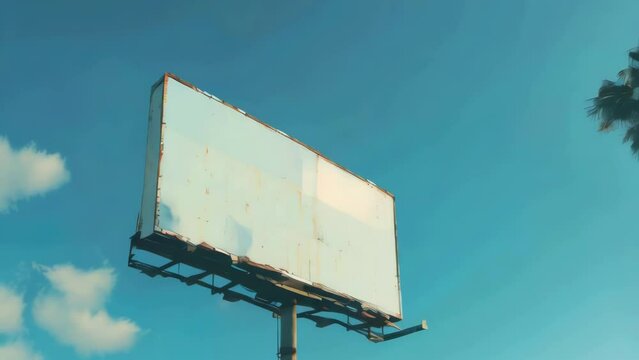 Billboard is on pole in front of palm tree