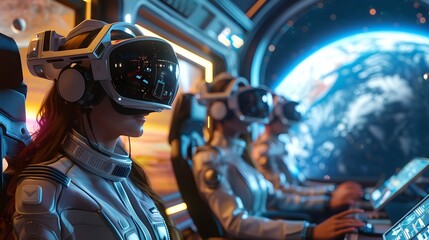 Astronaut Exploring a Futuristic Spacecraft Cockpit in a Simulated Space Adventure