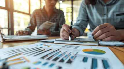 Fototapeta premium Business meeting with team analyzing financial data and performance indicators on documents and digital tablets.