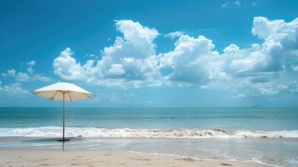 Beautiful blue sky background over the ocean beach with an umbrella representing a concept of travel and vacation