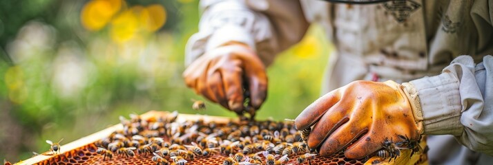 Close-up of a beekeeper tending to a hive with bees, wearing protective gloves and suit in a lush, colorful environment.
