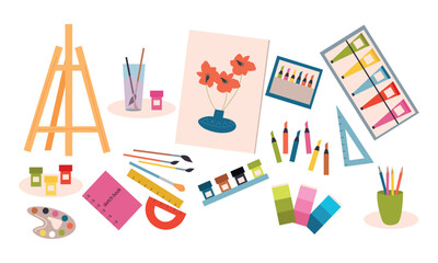Painting tools elements vector set in cartoon style. Art supplies: paint tubes, brushes, pencils, watercolor, palette, crayons. Vector hand draw illustration.