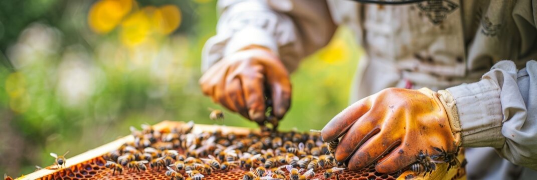 Close-up of a beekeeper tending to a hive with bees, wearing protective gloves and suit in a lush, colorful environment.