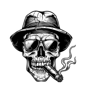 recommend clip art: skull, wears retro hat and smoking cigar engraving black and white outline