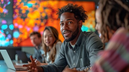 Obraz premium Diverse team collaborating in a creative meeting room with vibrant digital art background, discussing ideas and projects.