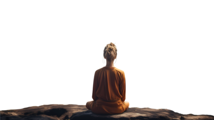 A serene figure is captured in a moment of peaceful meditation at the edge of a cliff, with the vastness of the sky as a backdrop, highlighting a spiritual connection with nature