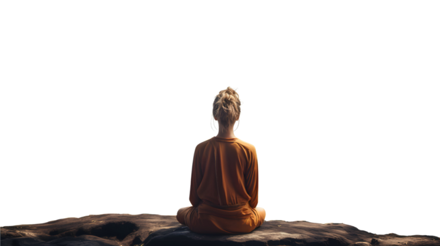 A serene figure is captured in a moment of peaceful meditation at the edge of a cliff, with the vastness of the sky as a backdrop, highlighting a spiritual connection with nature