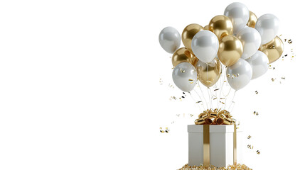 Elegant White and Gold Balloons with Gift Box, A luxurious gift box adorned with gold ribbon and surrounded by festive gold and white balloons on a clean background.