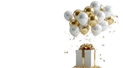 Elegant White and Gold Balloons with Gift Box, A luxurious gift box adorned with gold ribbon and surrounded by festive gold and white balloons on a clean background.