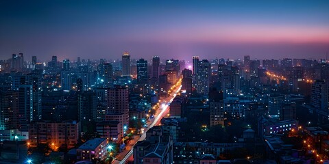 Fototapeta premium Night cityscape view from rooftop with ambient street lights illuminating urban skyline. Concept Cityscape Photography, Nighttime Views, Urban Skylines, Rooftop Perspectives, Street Light Ambiance