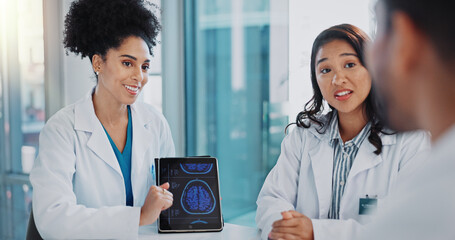 Doctors, tablet and brain scan for team discussion with results, report and review with questions at clinic. Group, women and man with digital touchscreen, feedback and collaboration for neurology