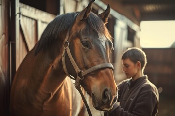 Fototapeta premium Person bonding with beautiful brown horse in stable. Warm sunlight highlights the peaceful connection in rustic setting.