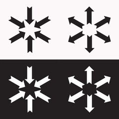 Symbol of expansion and contract, inward and outward arrows in circular, black and white vector illustration on white and black background. EPS 10.