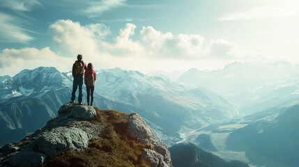 Family standing triumphantly on a mountain peak, panoramic views below, top third copy space