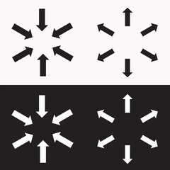 Obraz premium Symbol of expansion and contract, inward and outward arrows in circular, black and white vector illustration on white and black background. EPS 10.