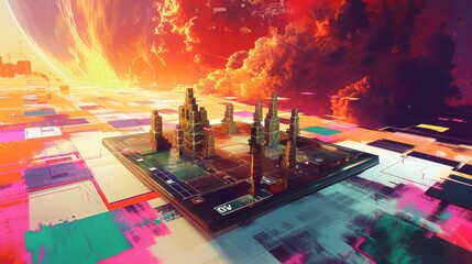 An image of a board game where the gameplay is controlled by a neural network, against the backdrop of a bright abstract landscape. --no text --ar 16:9 --quality 0.5 Job ID: 9ddc5ab2-9d13-451c-8f0d