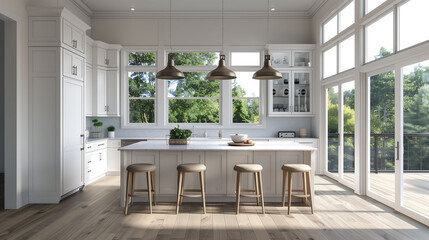 An open-concept kitchen with bright white cabinets, a spacious breakfast bar, and large windows providing plenty of natural light