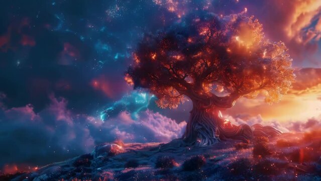 Tree with glowing leaves is main focus of this