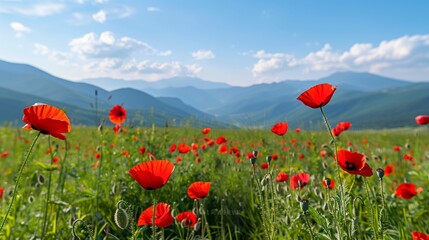 Serene summer meadow with red poppies and a distant mountain range, offering ample copy space for text