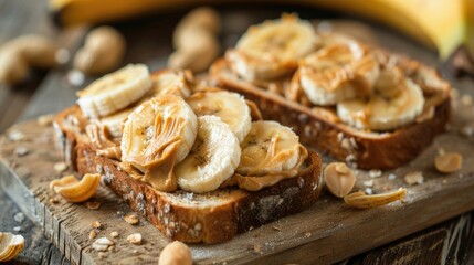 Banana slices over peanut butter toast on a wooden surface